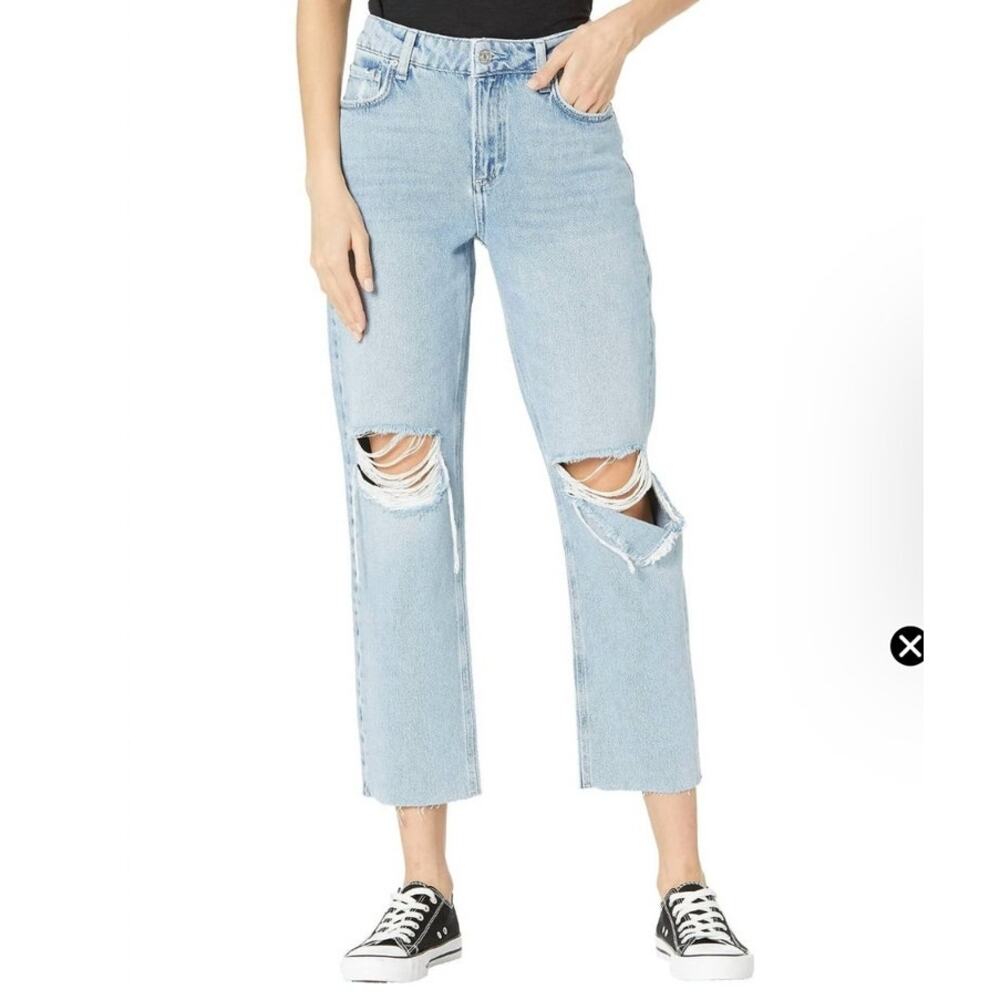 Paige Noella high rise straight leg jeans raw hem distressed destructed 25